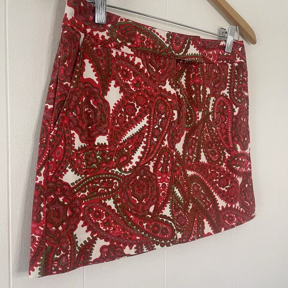 J. CREW Sz 0 Cotton Blend Paisley Mini Skirt Pockets Red/Green Holiday Fall - Picture 3 of 16